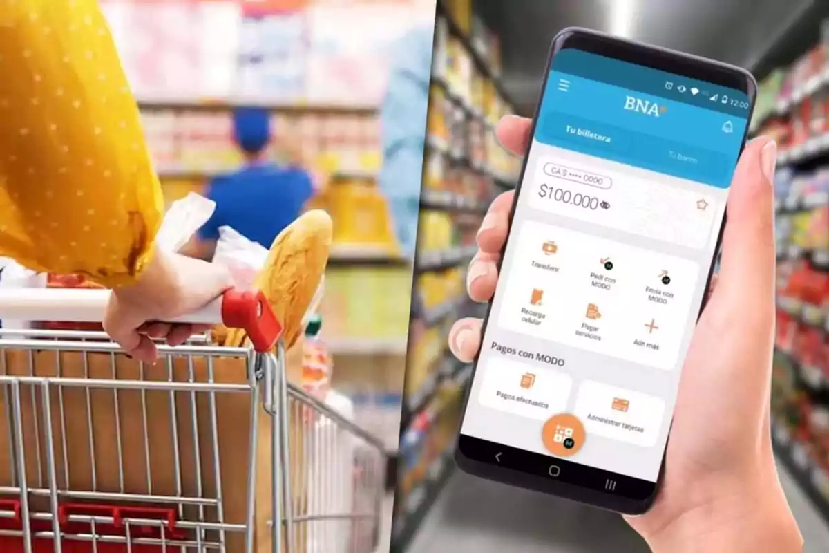 Persona empujando un carrito de supermercado mientras sostiene un teléfono móvil con una aplicación bancaria abierta en la pantalla