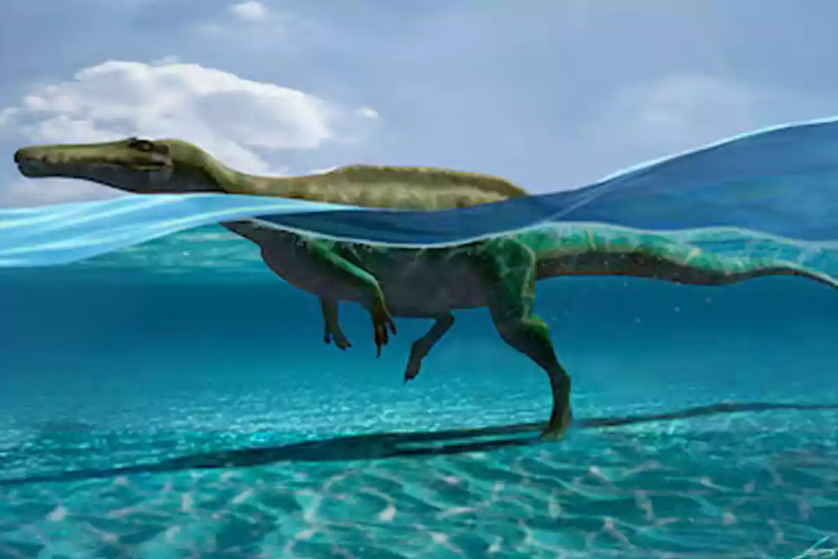 Dinosaurio caminando bajo el agua en un entorno acuático con el cielo azul de fondo