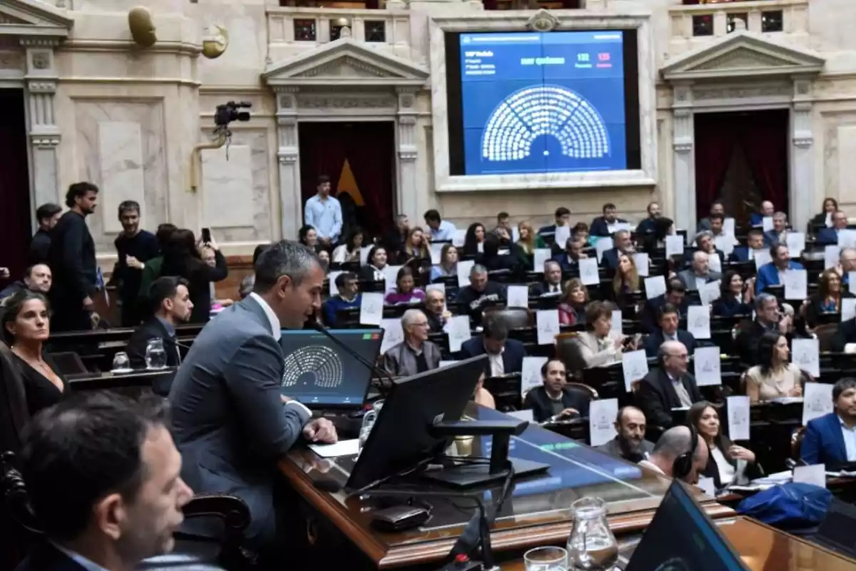 Parliamentary session in a chamber with numerous legislators seated, some holding papers, while a large screen displays voting results. Parliamentary session in a chamber with numerous legislators seated, some holding papers, while a large screen displays voting results.