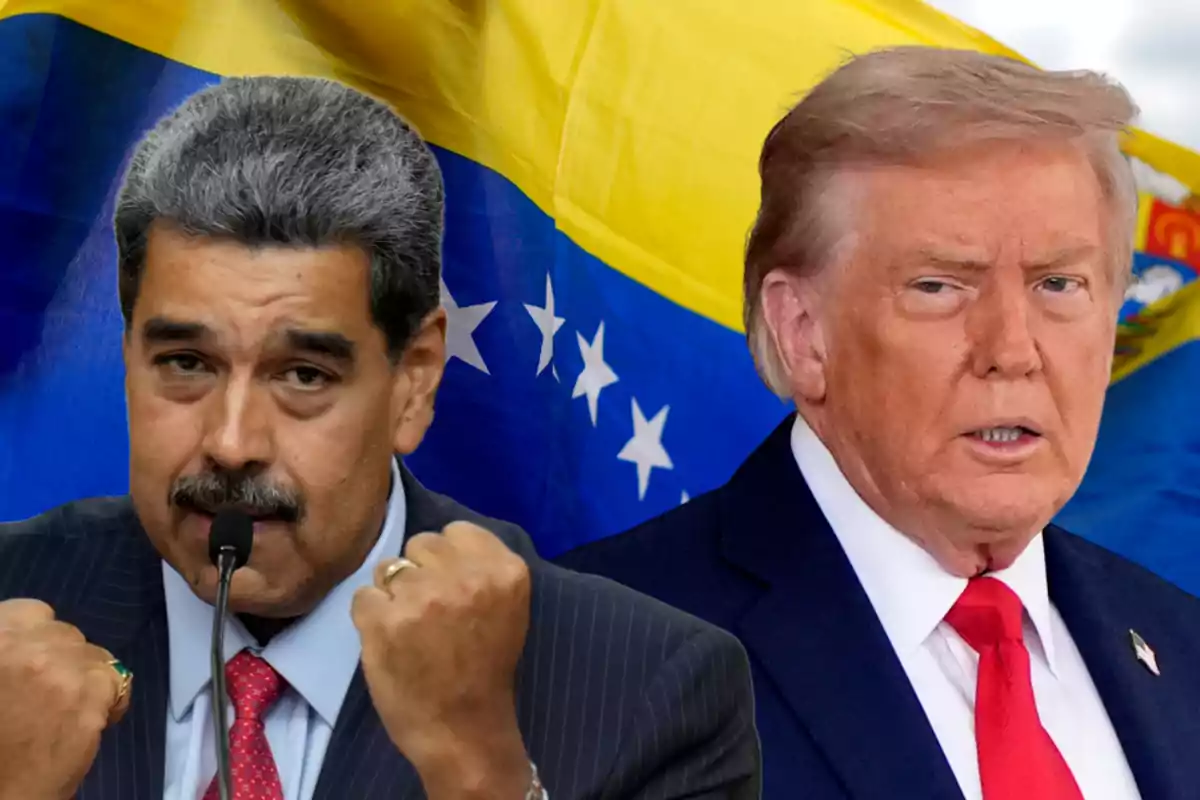 Dos hombres con traje frente a una bandera de Venezuela Dos hombres con traje frente a una bandera de Venezuela