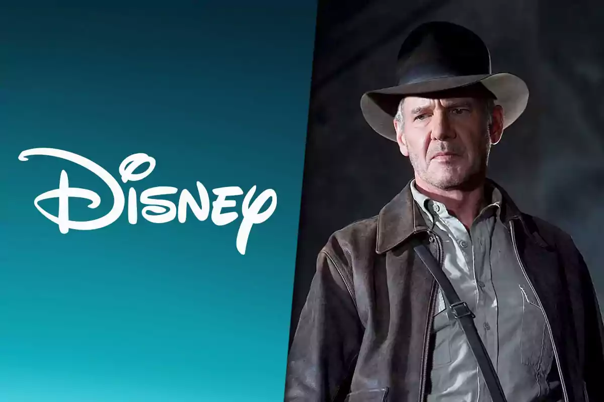Man with a hat and leather jacket next to the Disney logo on a blue background