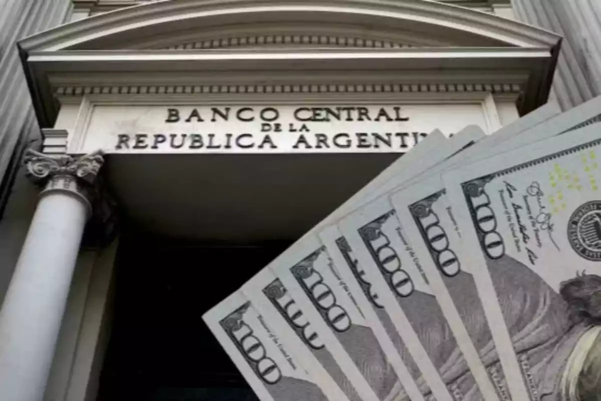 Facade of the Central Bank of the Argentine Republic with several one hundred dollar bills in the foreground