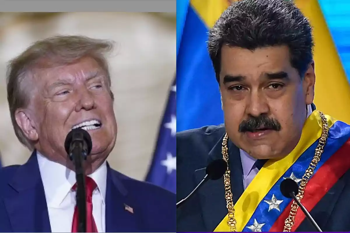 Two men in suits speaking in front of microphones, one with a flag in the background and the other wearing a tricolor presidential sash.