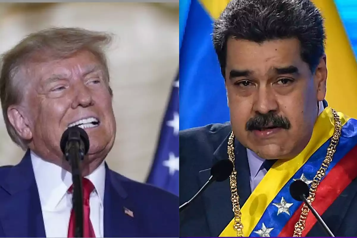 Two men in suits speaking in front of microphones, one with a U.S. flag in the background and the other with a tricolor presidential sash.