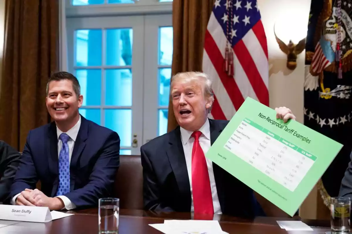 Donald Trump sostiene un cartel verde con ejemplos de tarifas arancelarias mientras está sentado junto a un hombre sonriente en una sala de reuniones con banderas estadounidenses al fondo