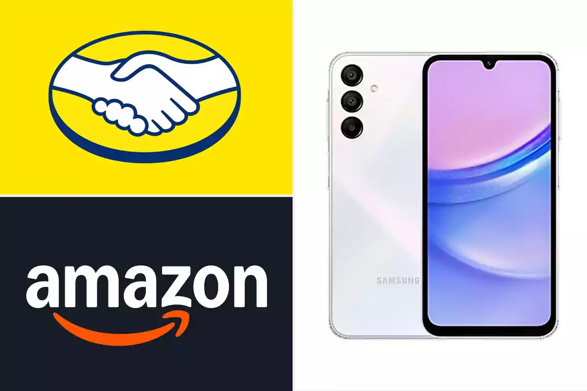 Logos of Mercado Libre and Amazon next to a white Samsung phone