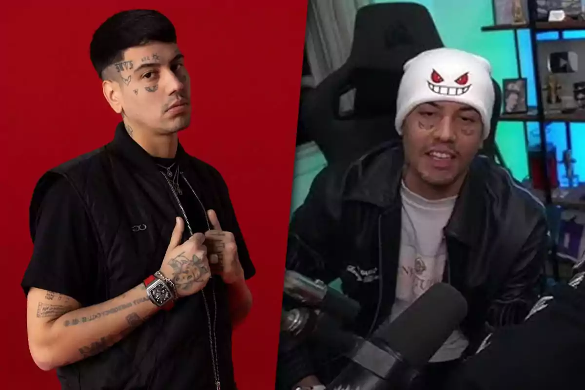 Dos hombres con tatuajes en la cara, uno posando frente a un fondo rojo y el otro usando un gorro blanco con una cara sonriente en un ambiente interior con micrófono y estantería de fondo