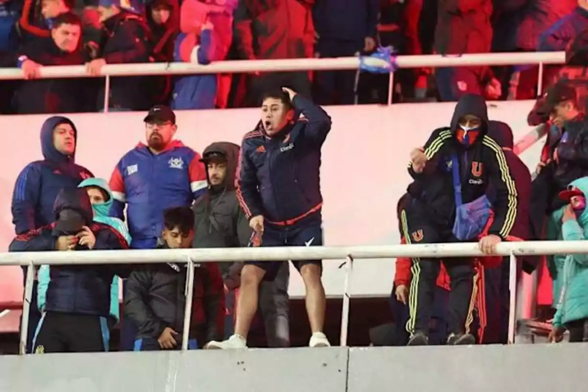 Fans of a soccer team dressed in blue and red sportswear display various emotions in the stands of a stadium during a match. Fans of a soccer team dressed in blue and red sportswear display various emotions in the stands of a stadium during a match.