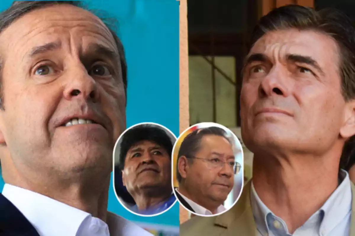 Cuatro hombres aparecen en la imagen, dos en primer plano y dos en recuadros circulares más pequeños superpuestos en el centro Cuatro hombres aparecen en la imagen, dos en primer plano y dos en recuadros circulares más pequeños superpuestos en el centro