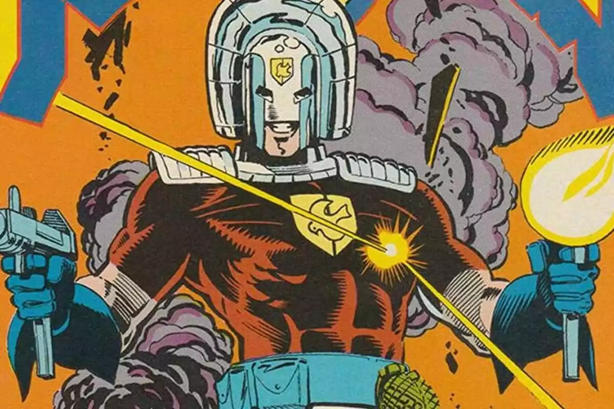 A comic book superhero with a metal helmet and armor is shot in the chest while holding futuristic weapons, with smoke in the background. A comic book superhero with a metal helmet and armor is shot in the chest while holding futuristic weapons, with smoke in the background.