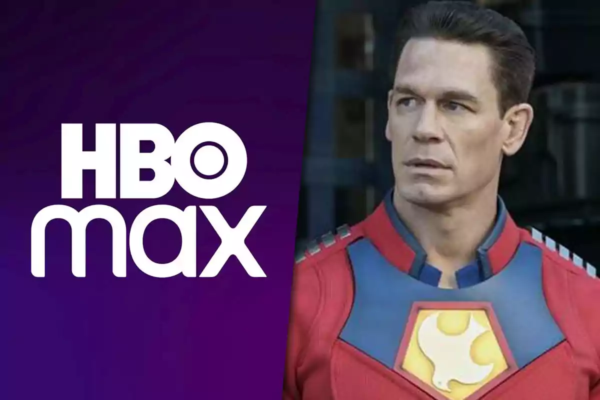 Persona con disfraz de superhéroe junto al logo de HBO Max sobre fondo morado