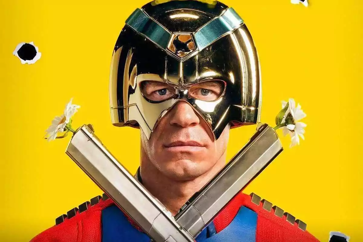 Man with a golden metal helmet and colorful suit holds two crossed silver pistols with white flowers in the barrels against a yellow background Man with a golden metal helmet and colorful suit holds two crossed silver pistols with white flowers in the barrels against a yellow background