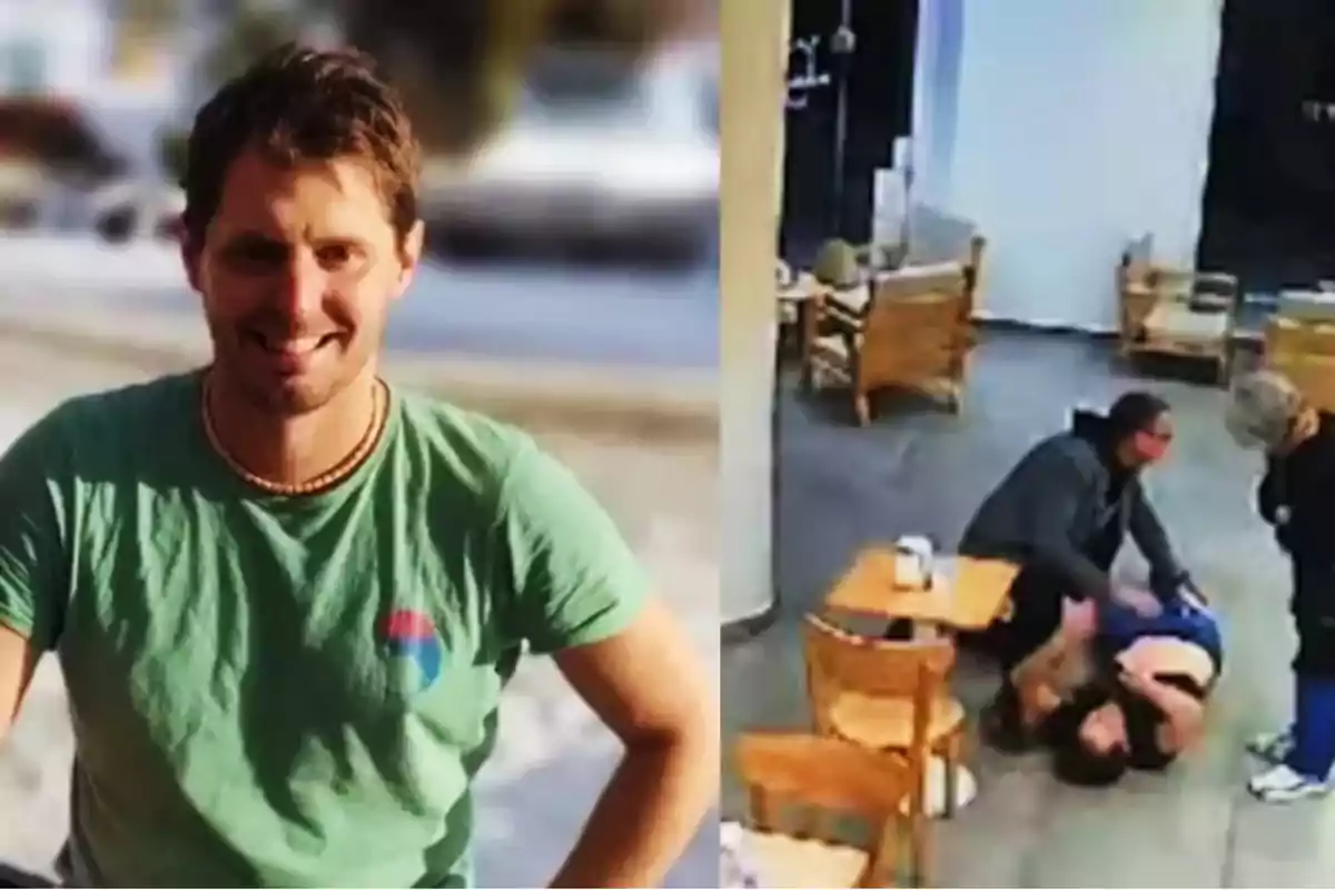 Smiling man in a green jersey on the left, and on the right, a scene in a restaurant where a person is lying on the floor being assisted by two people. Smiling man in a green jersey on the left, and on the right, a scene in a restaurant where a person is lying on the floor being assisted by two people.