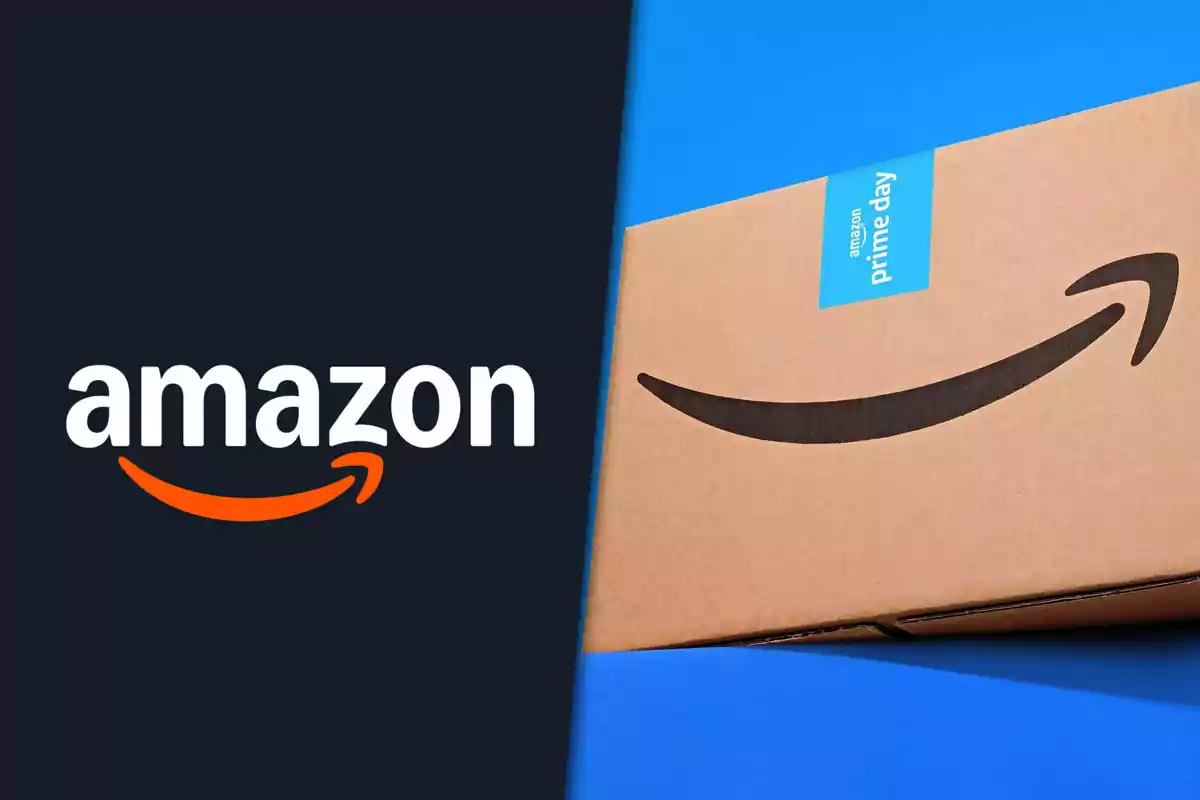 Amazon logo next to a cardboard box with the signature smile and a blue Prime Day tag on a blue background