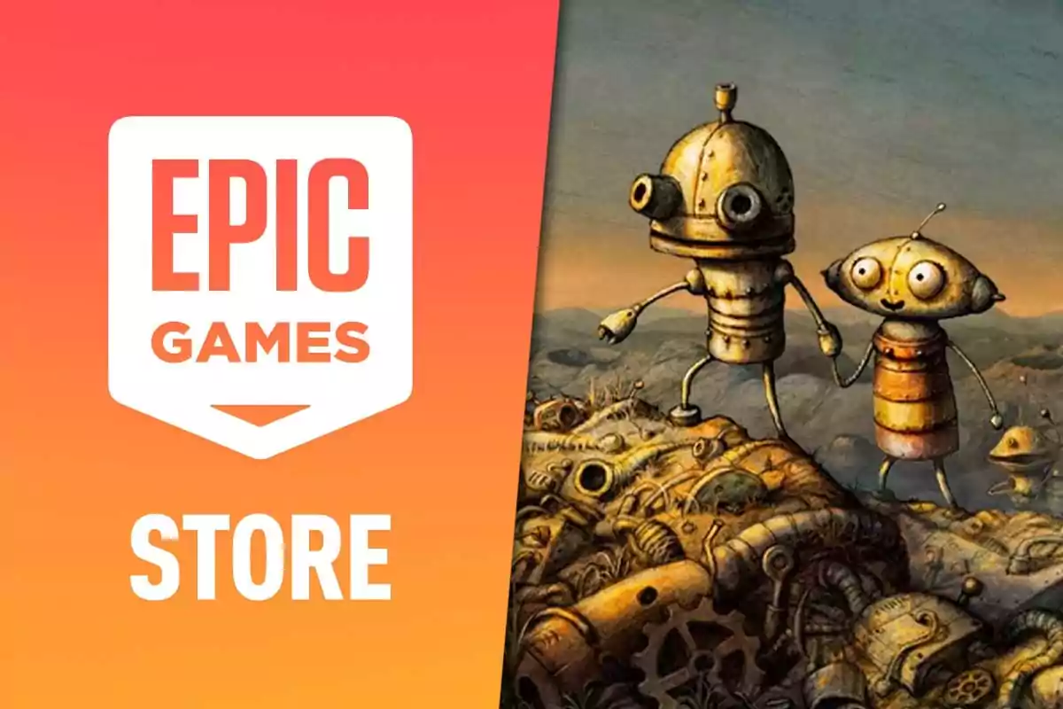 Logo de Epic Games Store junto a una ilustración de dos robots caminando sobre un paisaje de chatarra