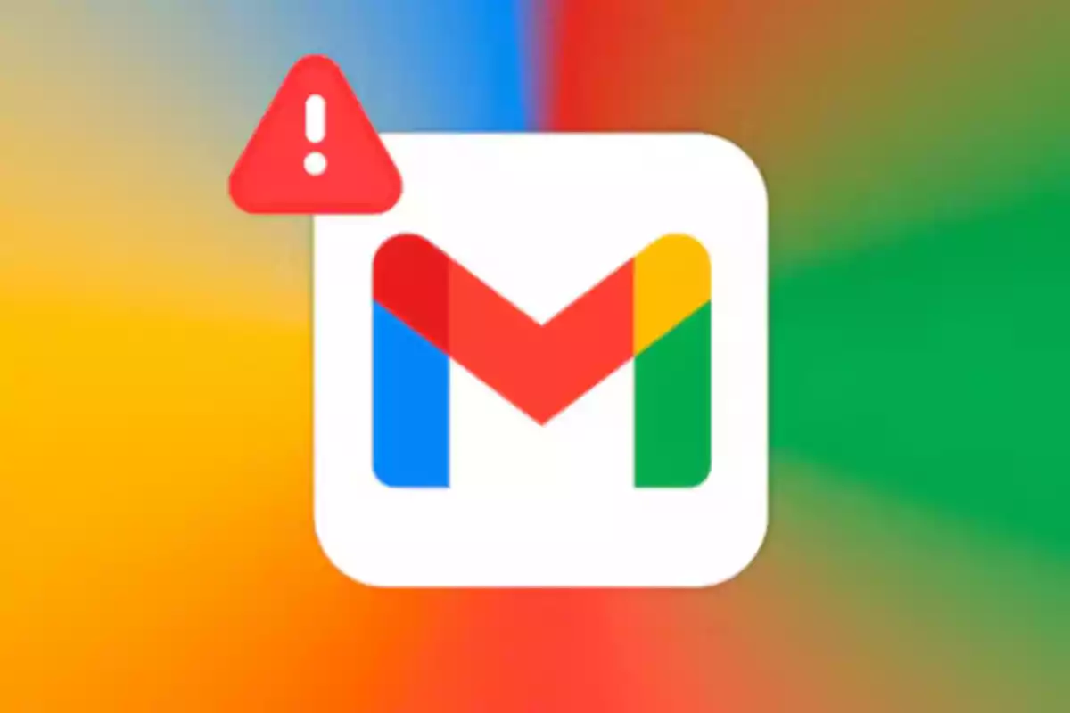 Logo de Gmail con un símbolo de advertencia en la esquina superior izquierda sobre un fondo de colores difuminados Logo de Gmail con un símbolo de advertencia en la esquina superior izquierda sobre un fondo de colores difuminados
