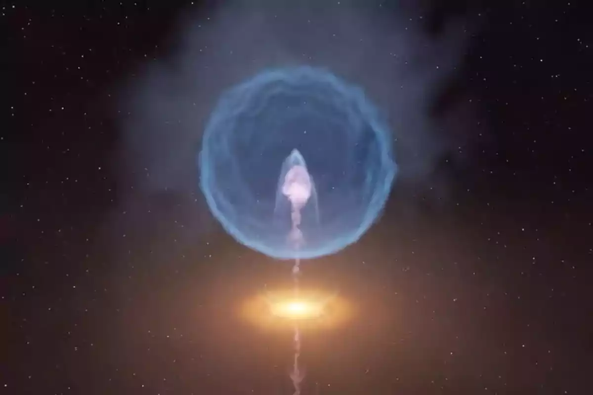 Ilustración de una explosión cósmica con un anillo azul y una nube de gas en el espacio sobre un fondo estrellado