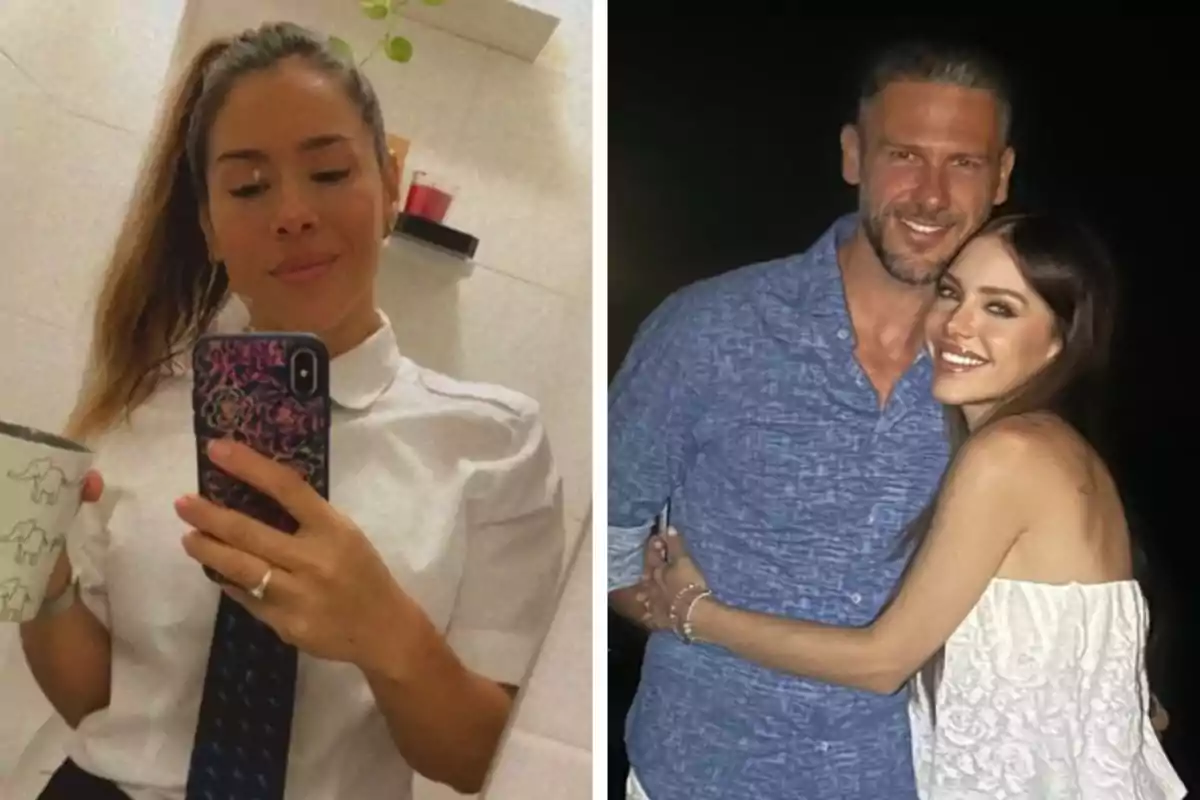 A woman takes a selfie in a bathroom while holding a cup and wearing a white jersey and tie, next to a photo of a couple hugging and smiling, both dressed casually.
