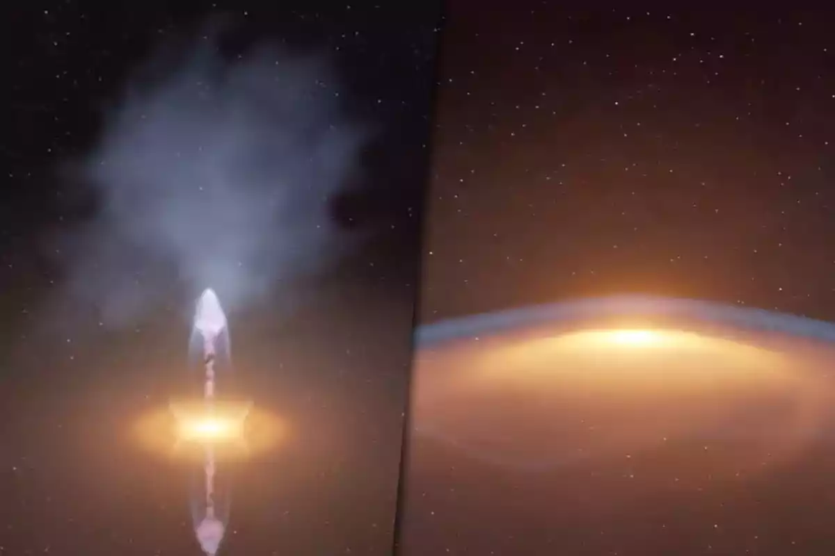 Ilustración artística de un agujero negro supermasivo con un disco de acreción brillante y chorros de materia en el espacio.