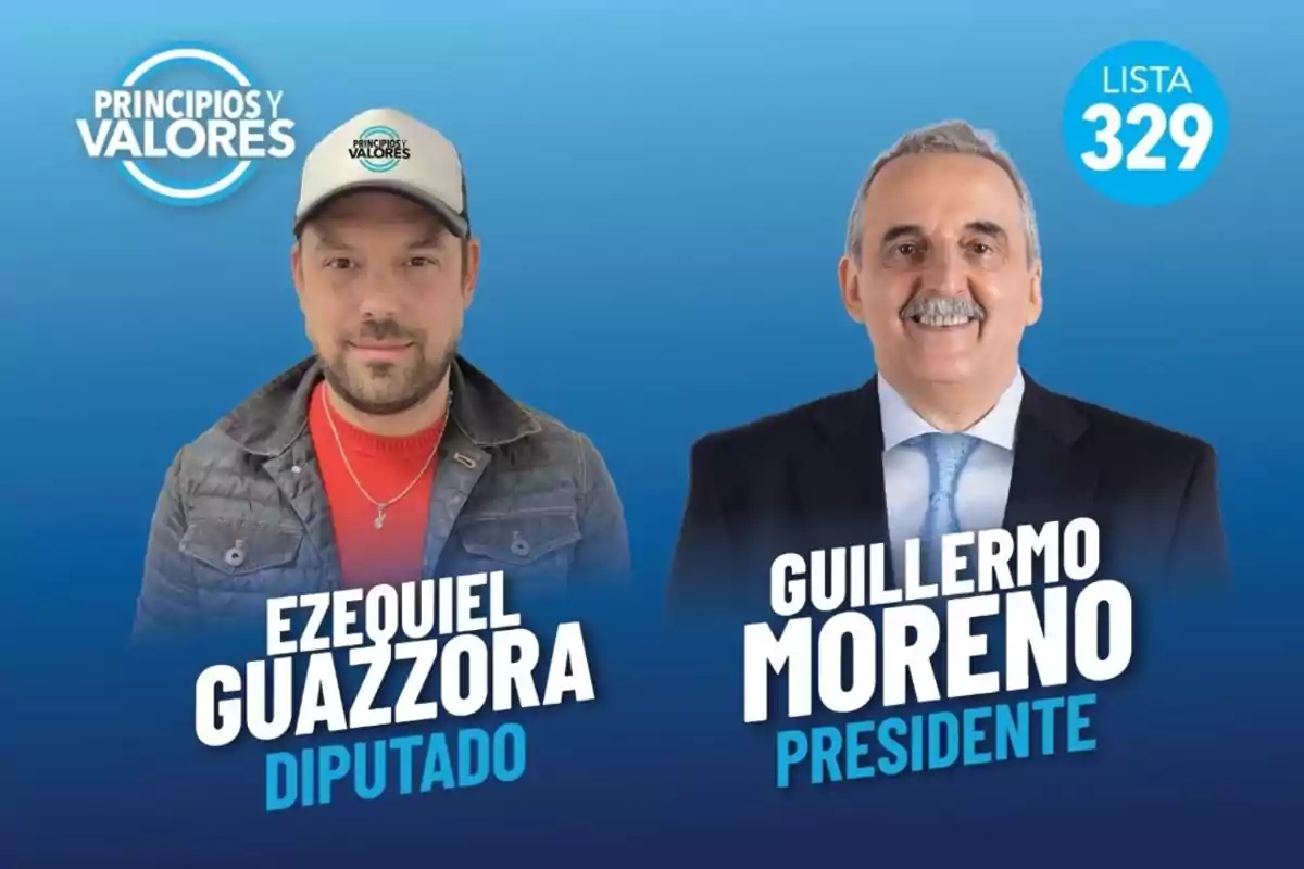 Two men pose against a blue background with the names Ezequiel Guazzora deputy and Guillermo Moreno president, along with the Principios y Valores logo and the list number 329.
