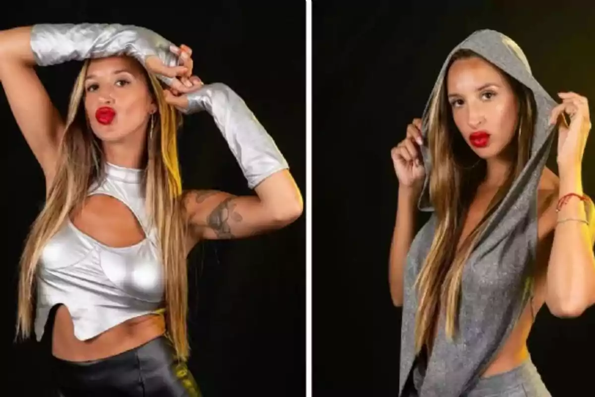 Mujer posando con dos atuendos plateados diferentes sobre fondo negro, en la primera imagen lleva guantes largos y top metálico, en la segunda viste un conjunto con capucha y pantalón Mujer posando con dos atuendos plateados diferentes sobre fondo negro, en la primera imagen lleva guantes largos y top metálico, en la segunda viste un conjunto con capucha y pantalón
