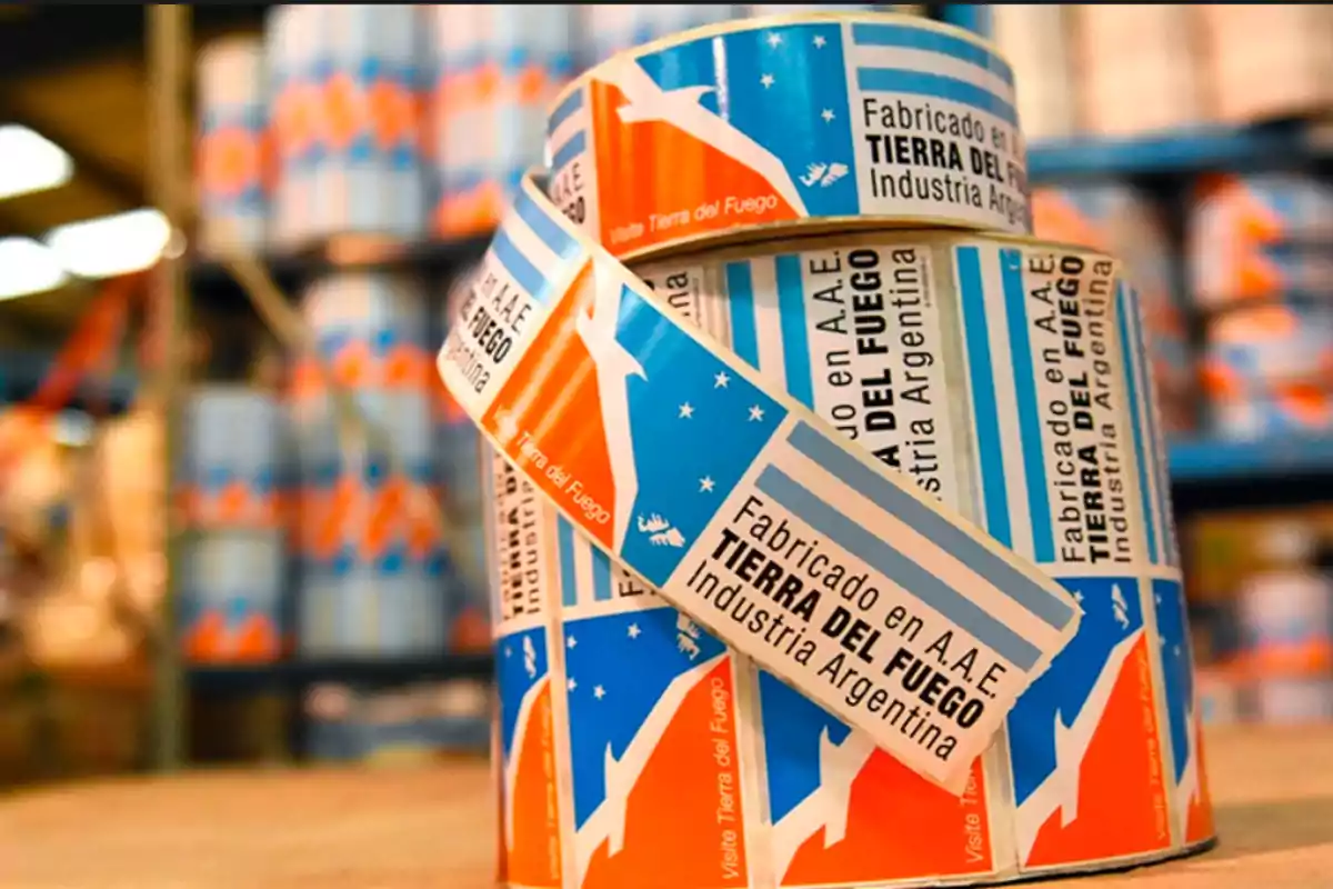 Roll of labels with the colors of the Tierra del Fuego flag and the legend Made in A.A.E. Tierra del Fuego Argentine Industry in a factory