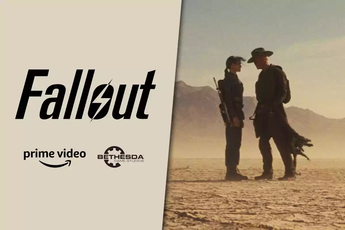 Two people face off in a desert landscape next to the Fallout logo and the logos of Prime Video and Bethesda Game Studios.