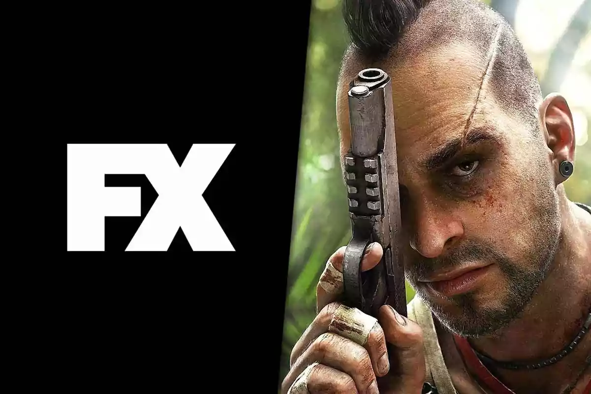 Logo de FX a la izquierda y personaje de videojuego con cicatriz y arma en la mano a la derecha