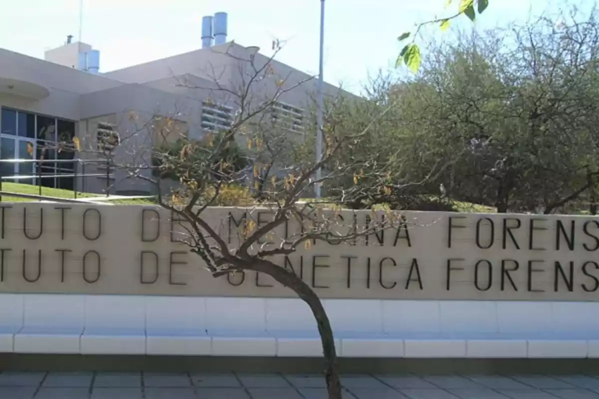 Modern building with a large sign that says Institute of Forensic Medicine and a leafless tree in the foreground
