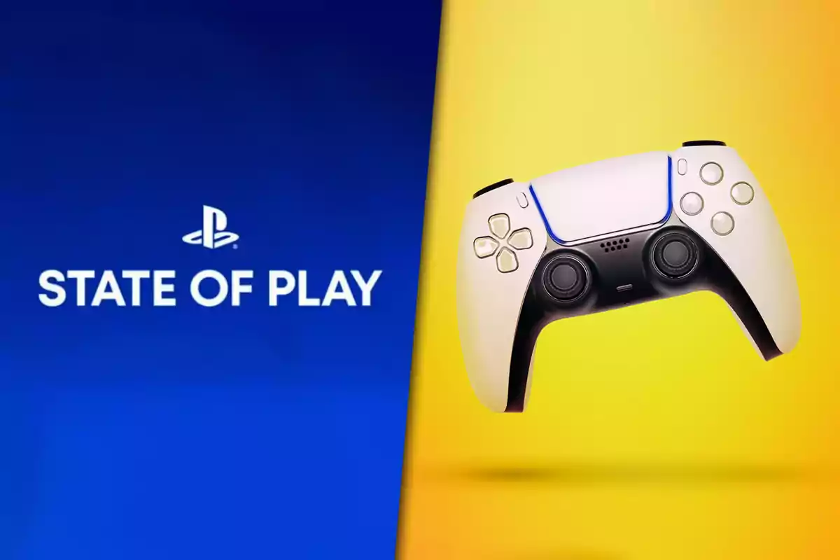 Control de PlayStation 5 sobre fondo amarillo junto al logo de State of Play en un fondo azul