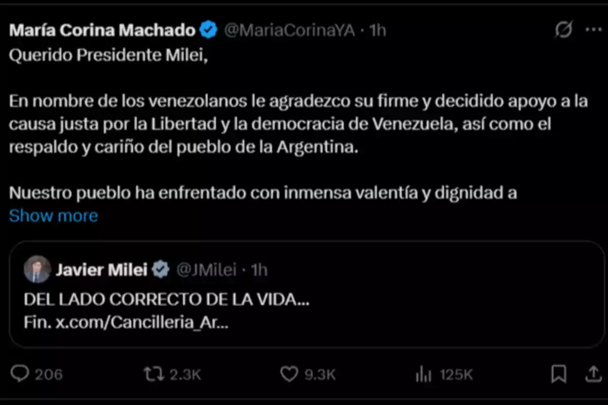 Screenshot from Twitter where María Corina Machado thanks Javier Milei for his support of freedom and democracy in Venezuela and expresses the backing of the Argentine people, while Javier Milei responds with a message that says Screenshot from Twitter where María Corina Machado thanks Javier Milei for his support of freedom and democracy in Venezuela and expresses the backing of the Argentine people, while Javier Milei responds with a message that says