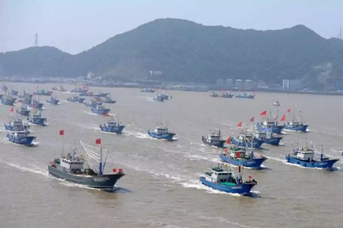 Numerous fishing boats sail together on the sea near a mountainous coast. Numerous fishing boats sail together on the sea near a mountainous coast.