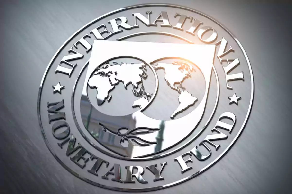 Metallic logo of the International Monetary Fund with a raised world map