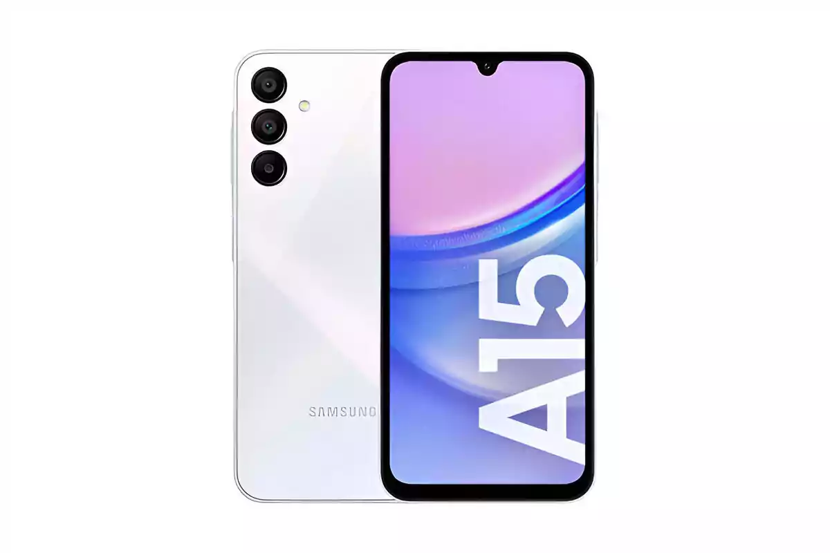 Teléfono Samsung Galaxy A15 color blanco visto de frente y de espaldas