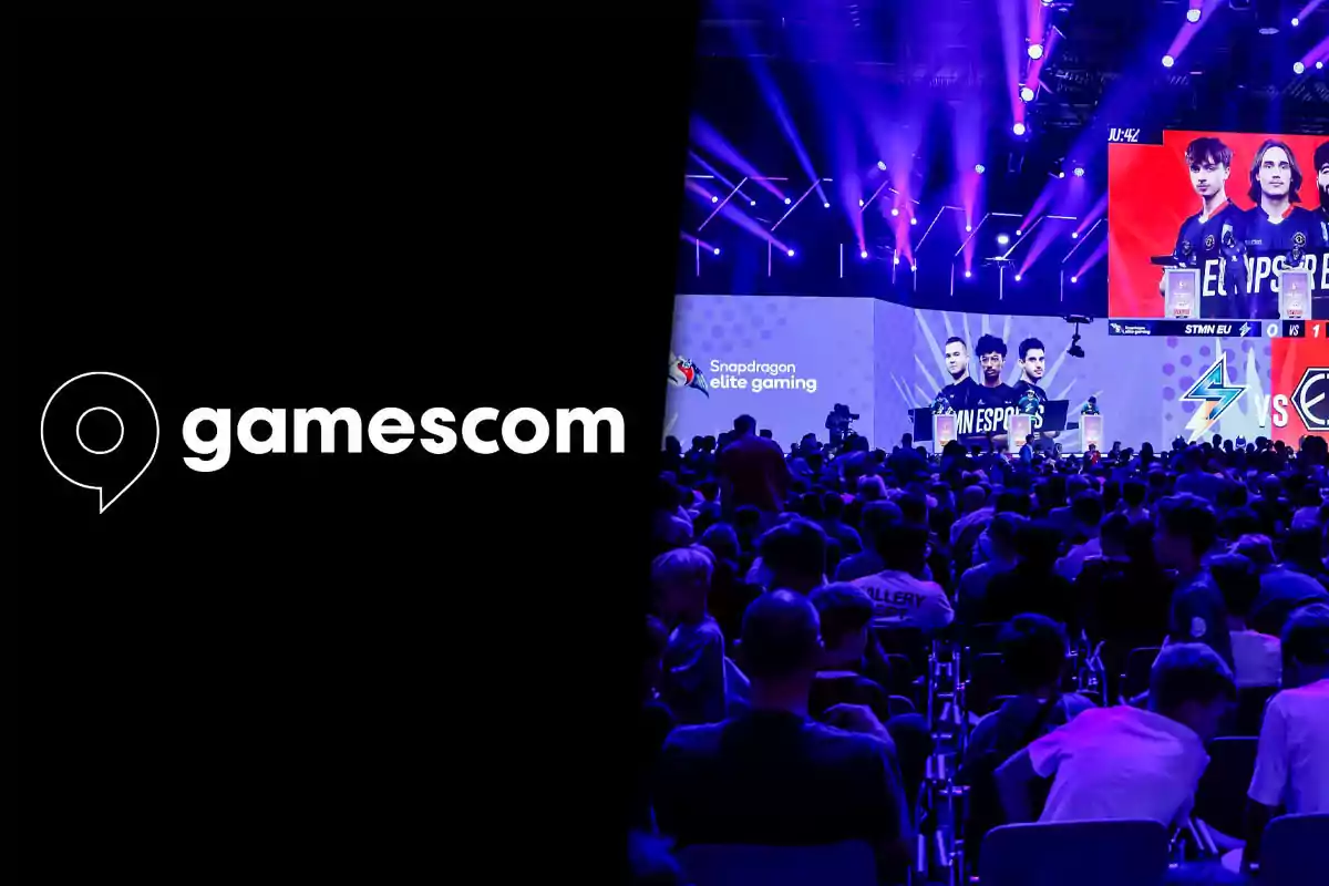 Gamescom logo on the left and audience attending an esports event with purple lights and screens in the background