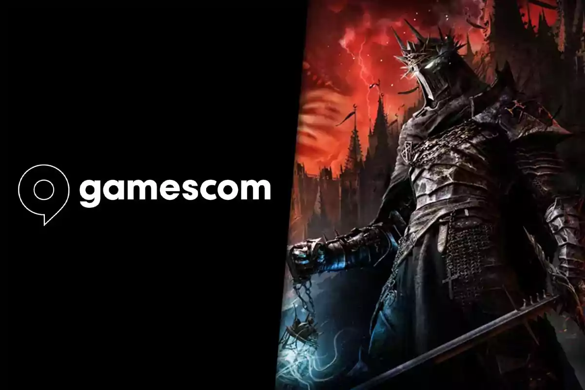 Gamescom logo next to a character in dark armor and a red background with lightning