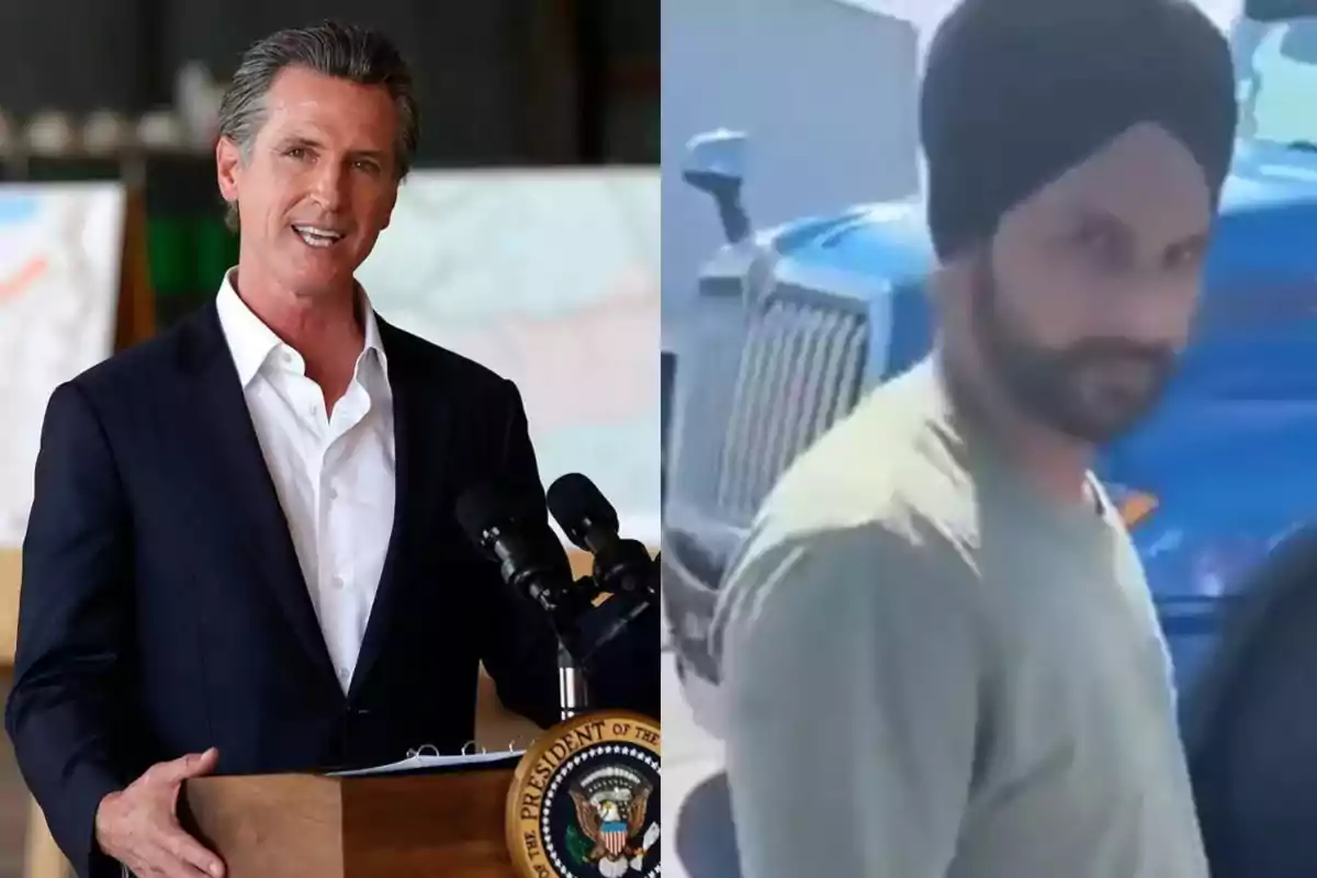 A man in a suit speaking at a podium with microphones and a man wearing a turban standing in front of a blue truck