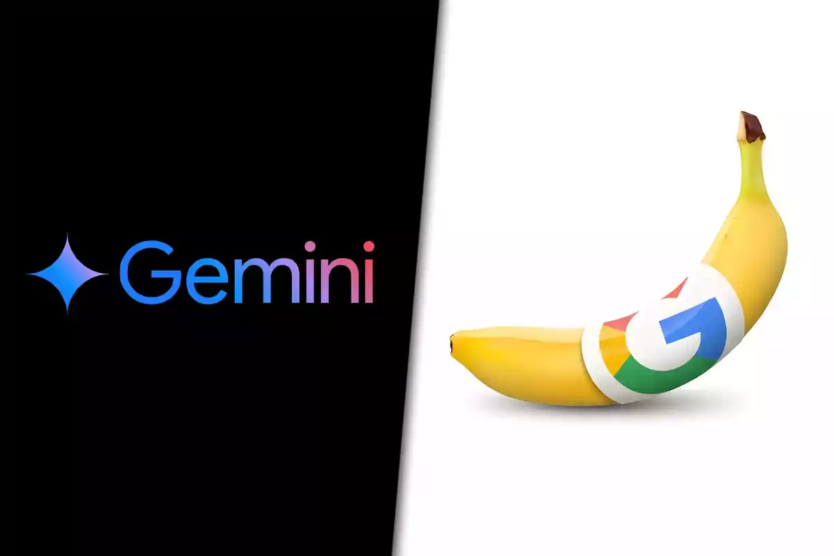Logotipo de Gemini a la izquierda sobre fondo negro y una banana con una etiqueta del logo de Google a la derecha sobre fondo blanco