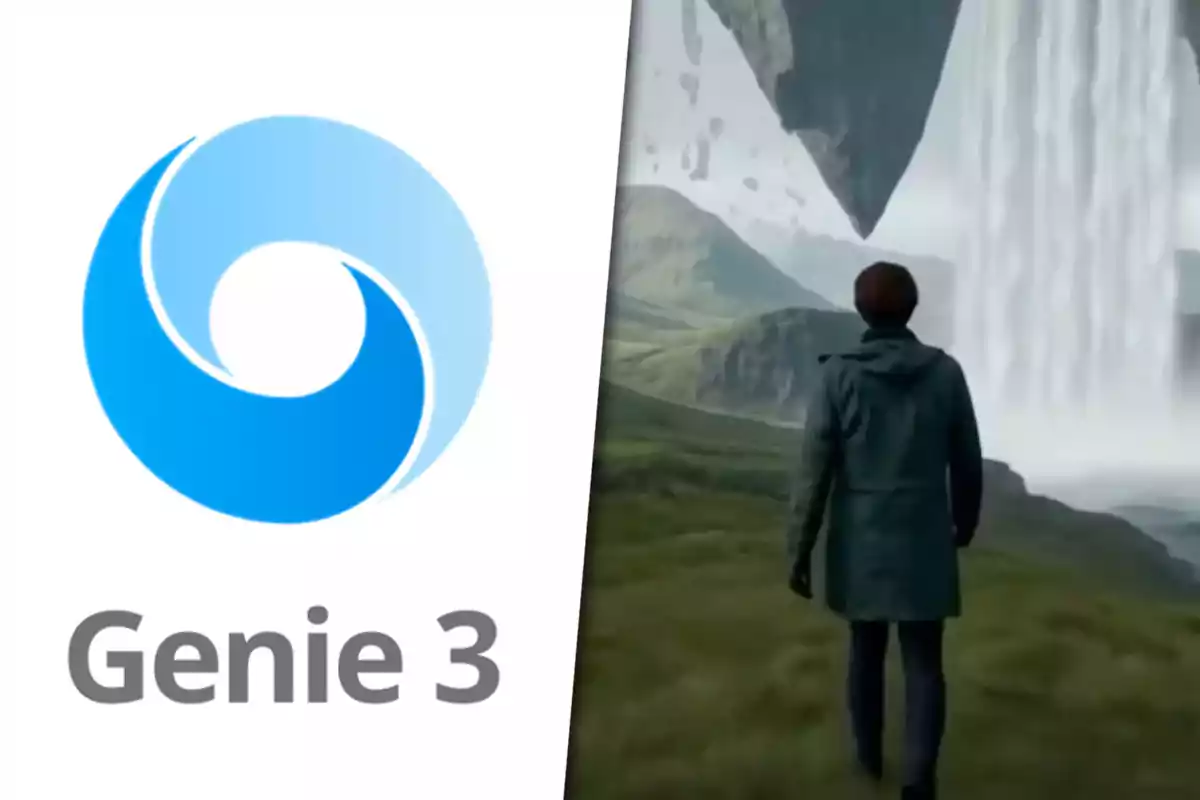 Logo azul de Genie 3 a la izquierda y una persona de espaldas caminando hacia un paisaje con montañas y una cascada a la derecha