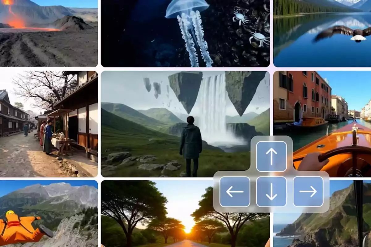 Collage de paisajes variados incluyendo un volcán, medusas en el mar, un lago con montañas, una calle tradicional japonesa, una cascada fantástica con rocas flotantes, un canal con góndola, una persona practicando wingsuit, una carretera entre árboles al atardecer y un acantilado junto al mar, con flechas de navegación superpuestas.