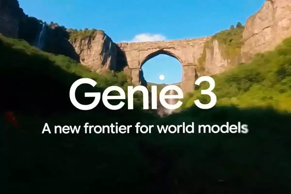 Puente de piedra en un paisaje natural con el texto Genie 3 A new frontier for world models en el centro de la imagen
