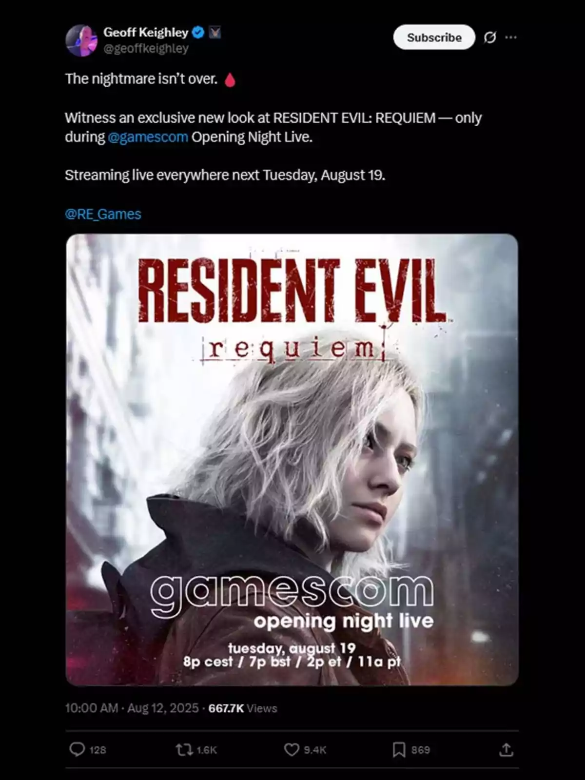 Publicación en redes sociales anunciando la presentación exclusiva de Resident Evil Requiem durante la apertura de Gamescom, con la imagen de una mujer de cabello rubio claro y expresión seria, junto al logo del evento y la fecha martes 19 de agosto