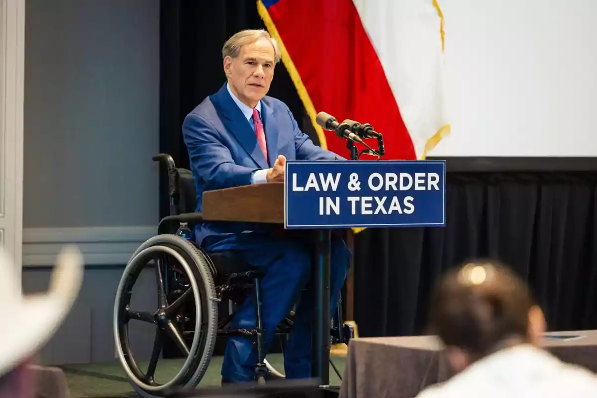 Man in a wheelchair wearing a blue suit speaking at a podium with a Law & Order in Texas sign and a flag in the background
