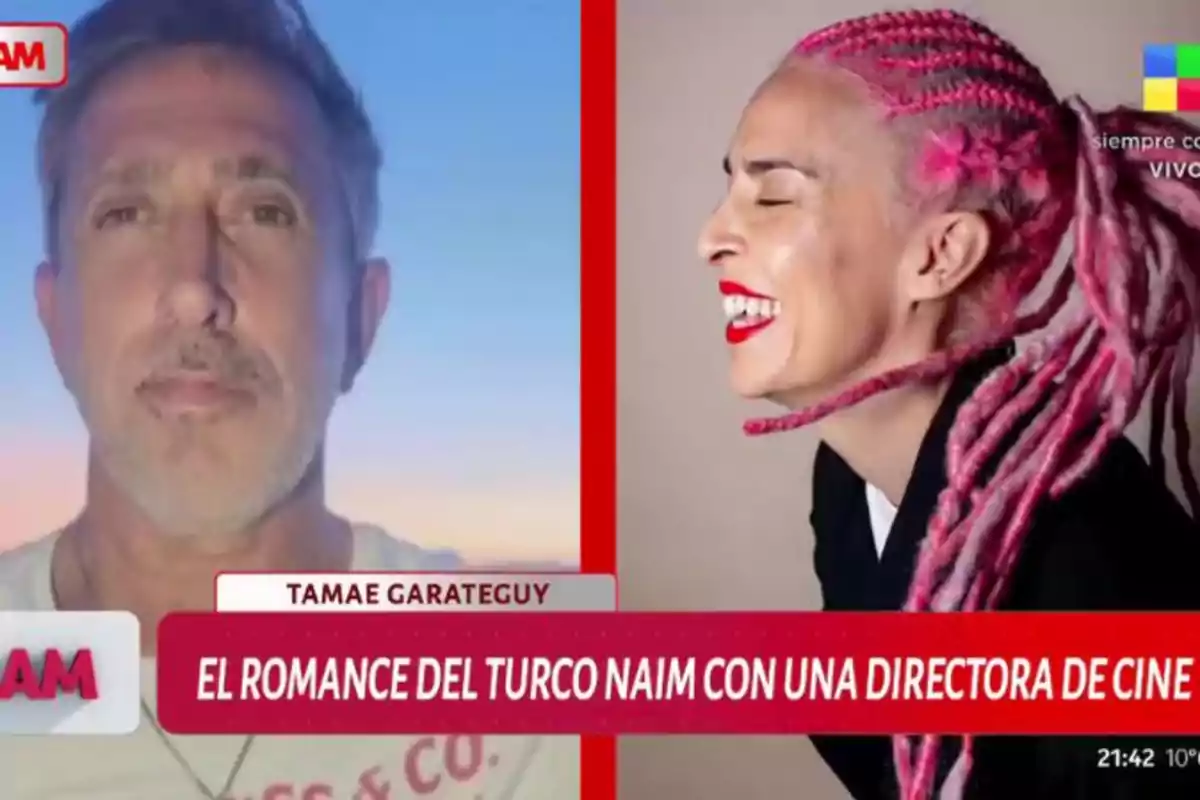 Two people appear on a split screen during a television show: on the left, a bearded man, and on the right, a woman with pink braids and red lips smiling, with a banner announcing a romance between Turco Naim and a film director. Two people appear on a split screen during a television show: on the left, a bearded man, and on the right, a woman with pink braids and red lips smiling, with a banner announcing a romance between Turco Naim and a film director.
