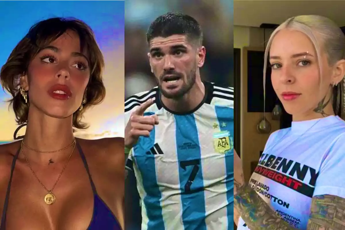 Tres personas posando, la primera con fondo al atardecer, la segunda con uniforme de fútbol de Argentina y la tercera con cabello rubio y tatuajes visibles Tres personas posando, la primera con fondo al atardecer, la segunda con uniforme de fútbol de Argentina y la tercera con cabello rubio y tatuajes visibles