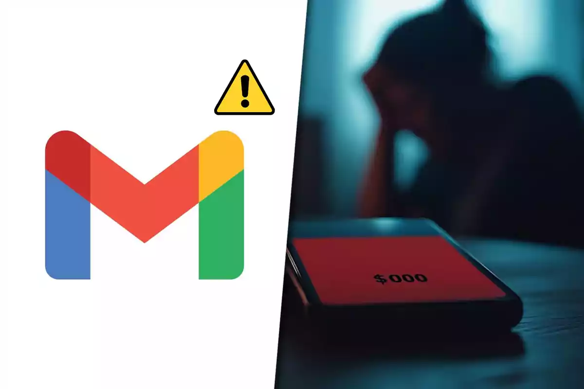 Logo de Gmail con un símbolo de advertencia junto a una persona preocupada y un teléfono que muestra saldo en cero