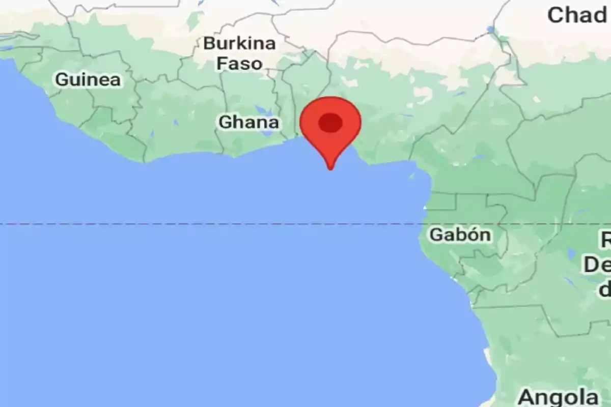 Map of West Africa with a red marker on the coast near Ghana Map of West Africa with a red marker on the coast near Ghana