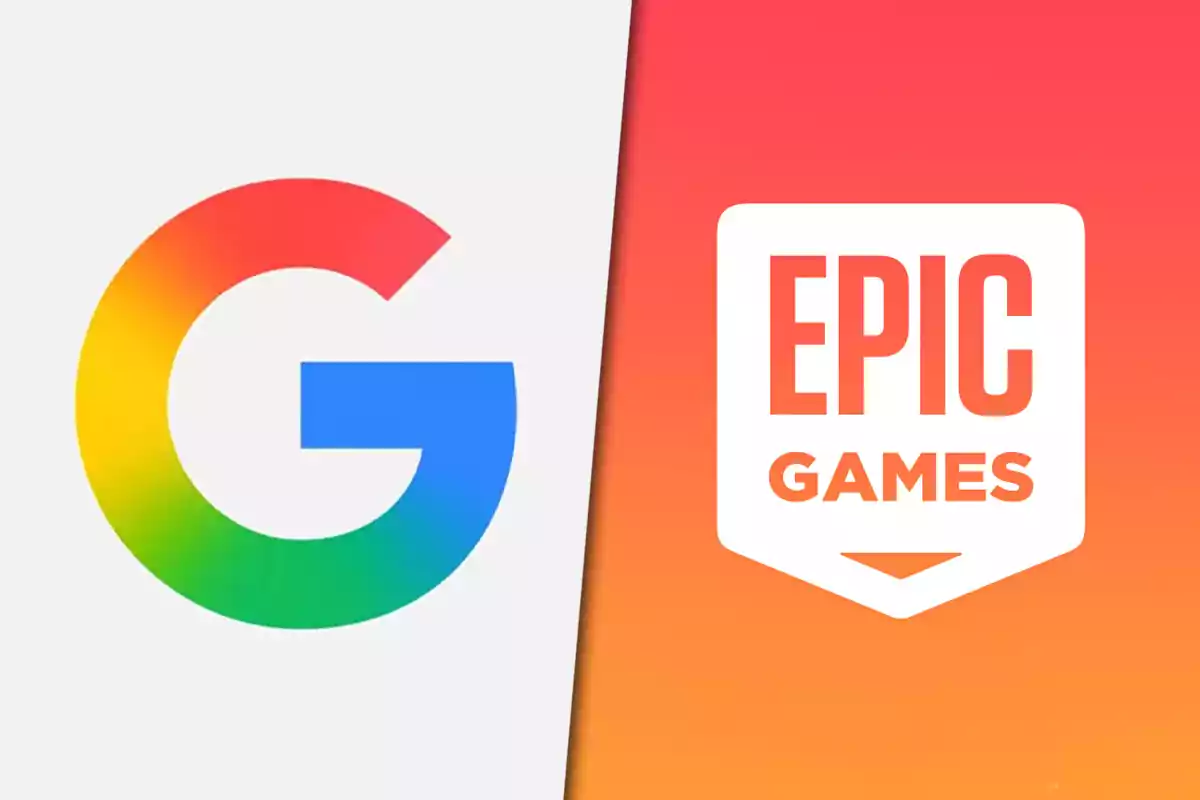 Google and Epic Games logos on diagonally divided colored backgrounds