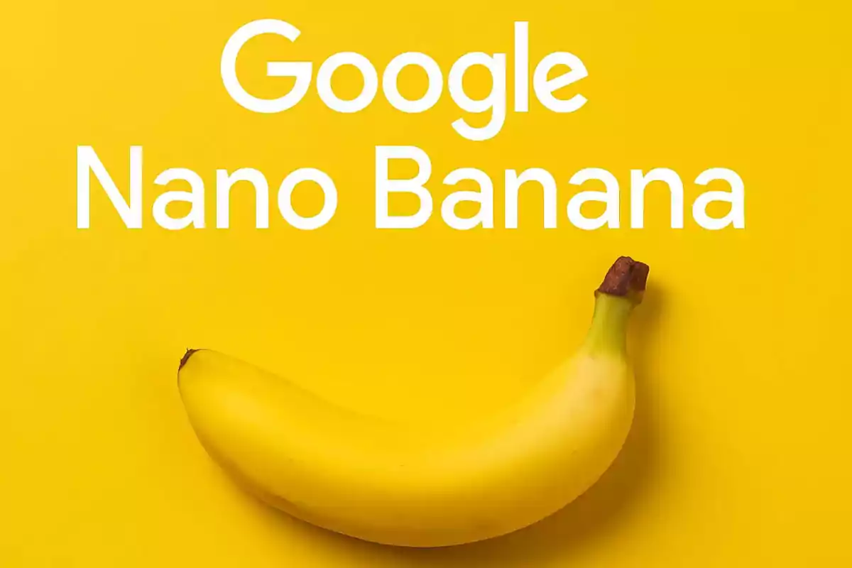 Plátano amarillo sobre fondo amarillo con el texto Google Nano Banana en letras blancas. Plátano amarillo sobre fondo amarillo con el texto Google Nano Banana en letras blancas.