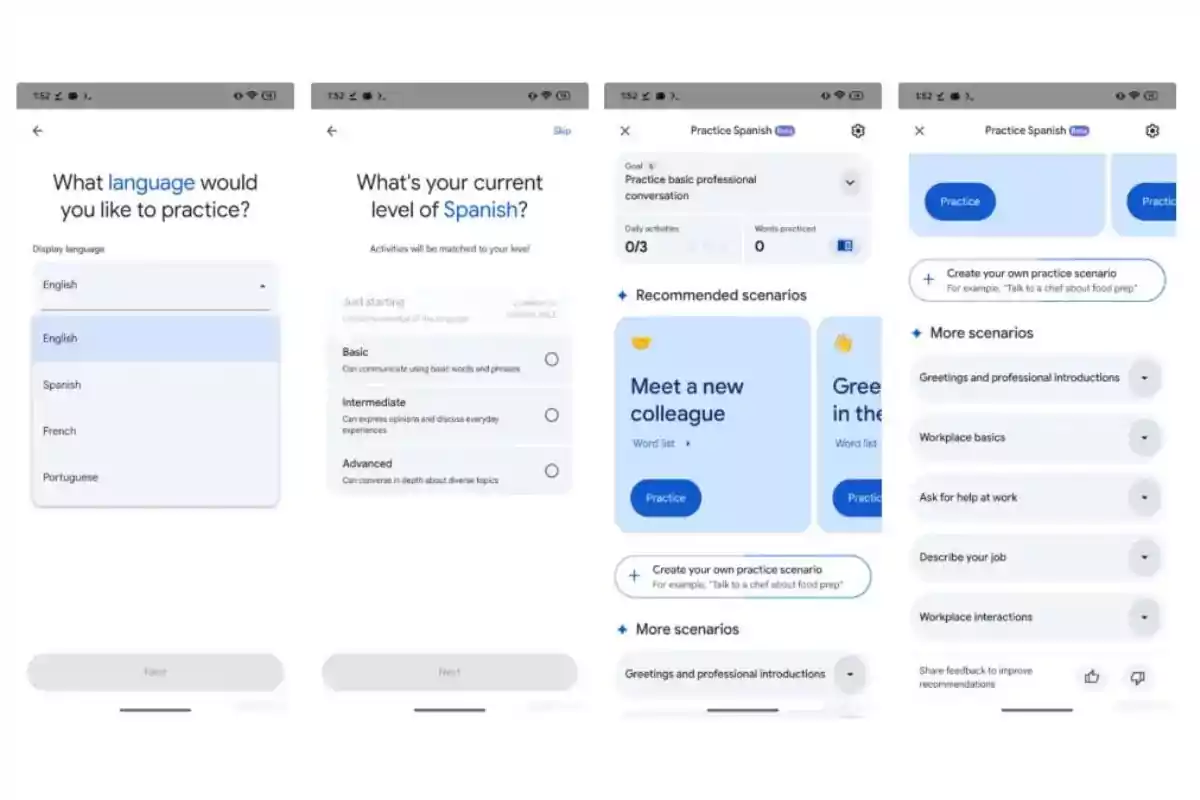 Captura de pantalla de una aplicación de aprendizaje de idiomas que muestra la selección de idioma, nivel de conocimiento y escenarios recomendados para practicar conversaciones profesionales en español Captura de pantalla de una aplicación de aprendizaje de idiomas que muestra la selección de idioma, nivel de conocimiento y escenarios recomendados para practicar conversaciones profesionales en español